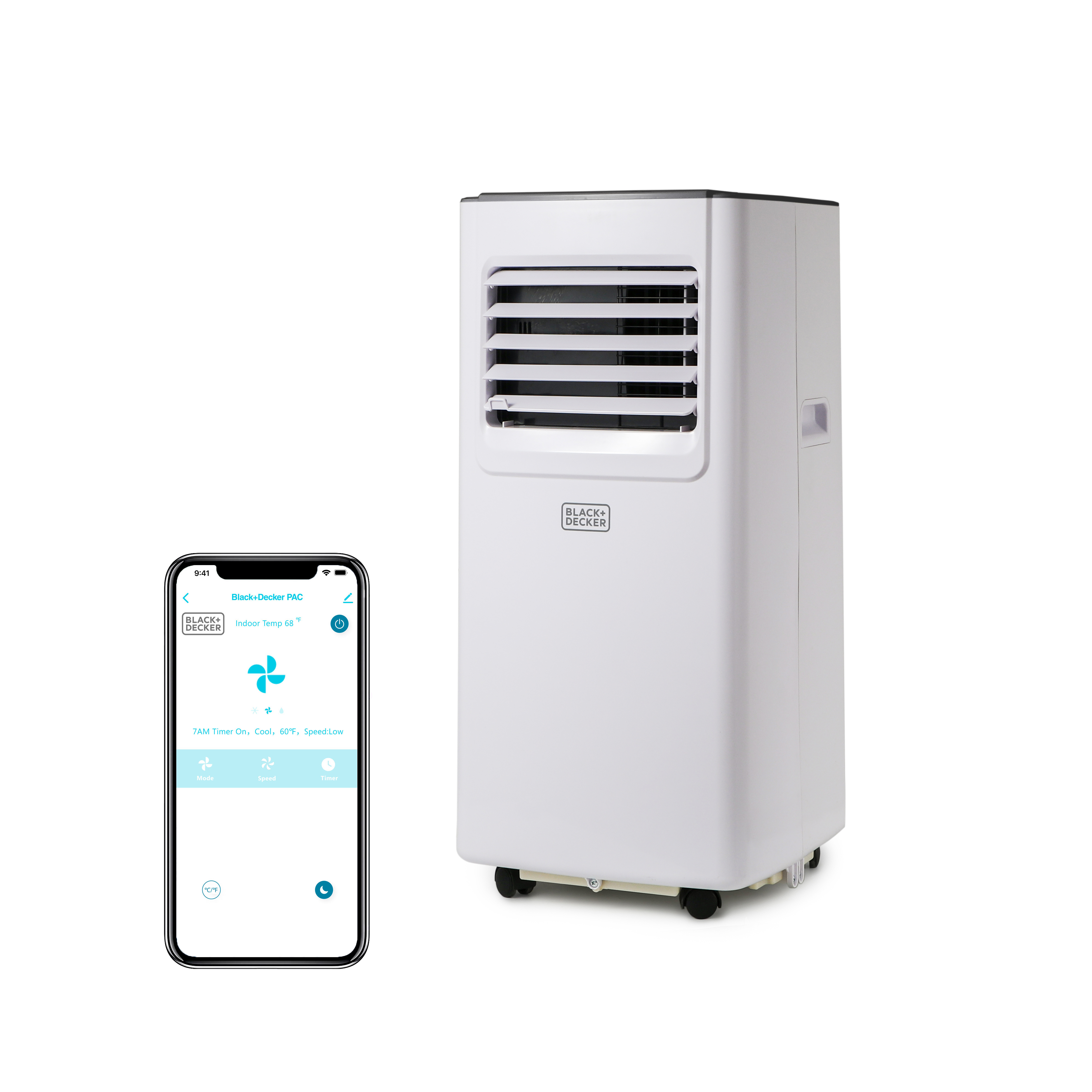 BLACK+DECKER compact portable air conditioner shown with a phone app-control graphic; manufacturer-linked image on the BP05JSMW product-information page.
