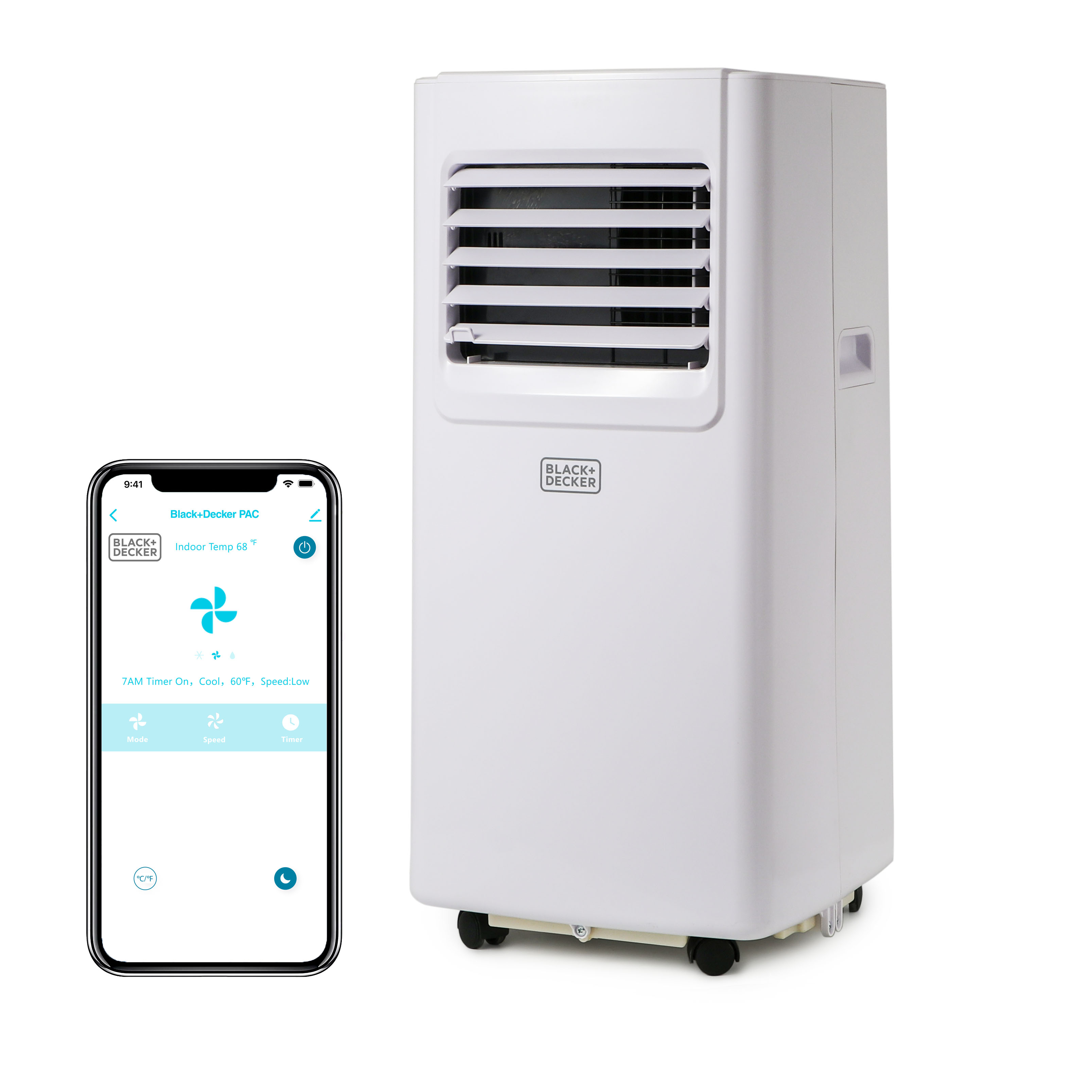 BLACK+DECKER BP05JWAWF portable air conditioner with app-control phone graphic on a white background; model identity is established by the exact support-page image context, not readable on the cabinet.