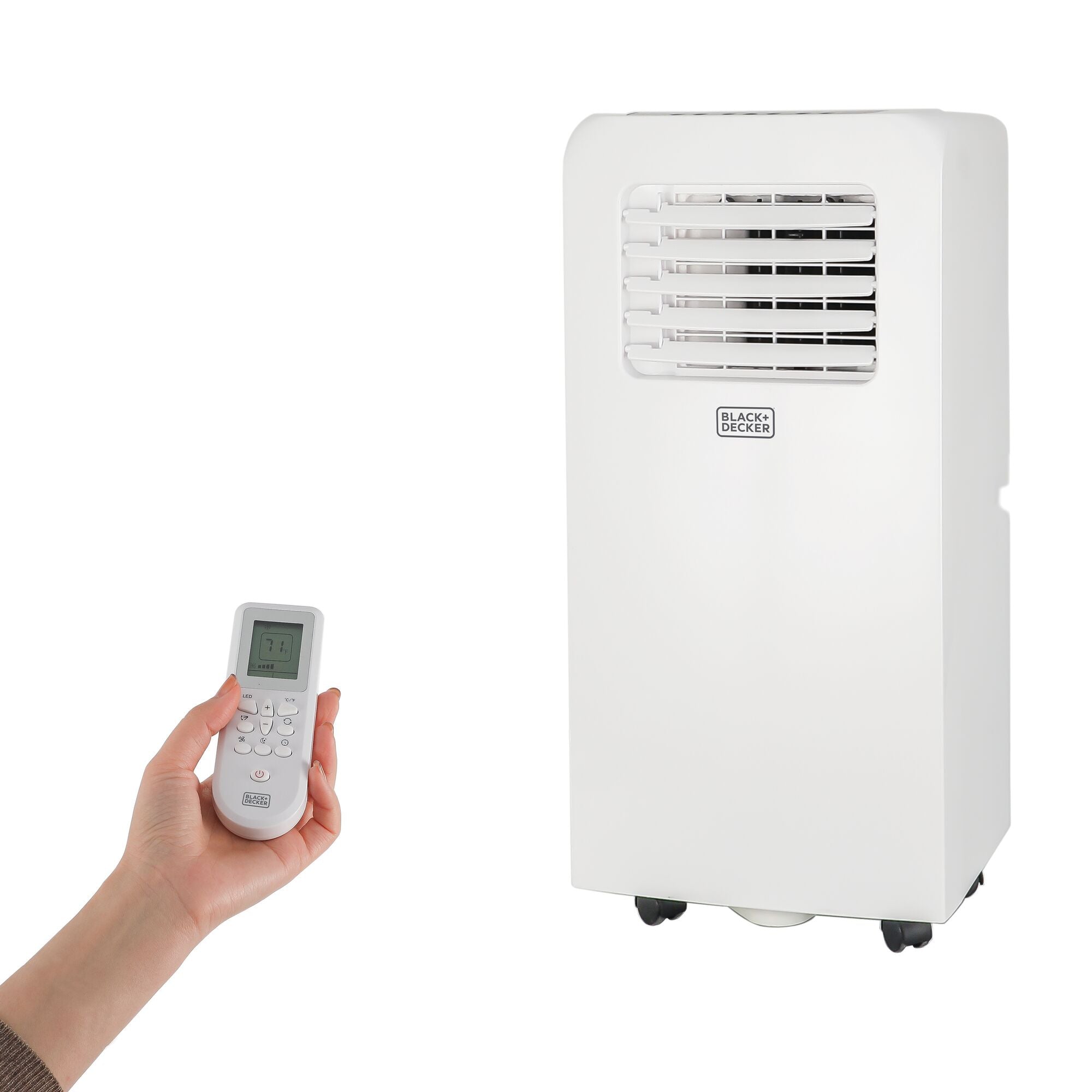 White BLACK+DECKER BP05PWA portable air conditioner with a remote shown on a plain background; exact model association is from the model-coded manufacturer asset URL.