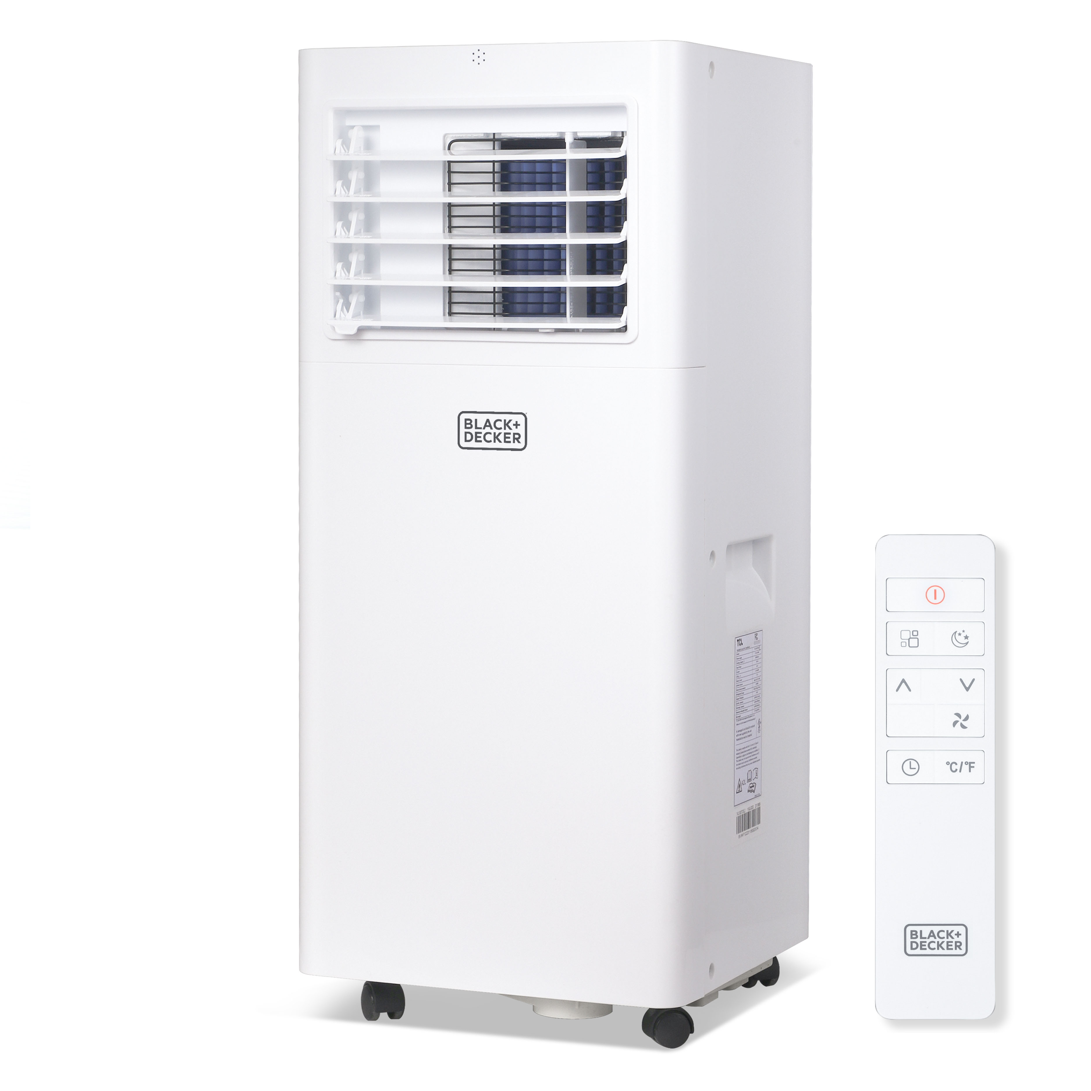 White BLACK+DECKER BPACT05SM portable air conditioner with casters and separate remote, shown in the exact-model manufacturer's product image; photo-versus-render status uncertain.