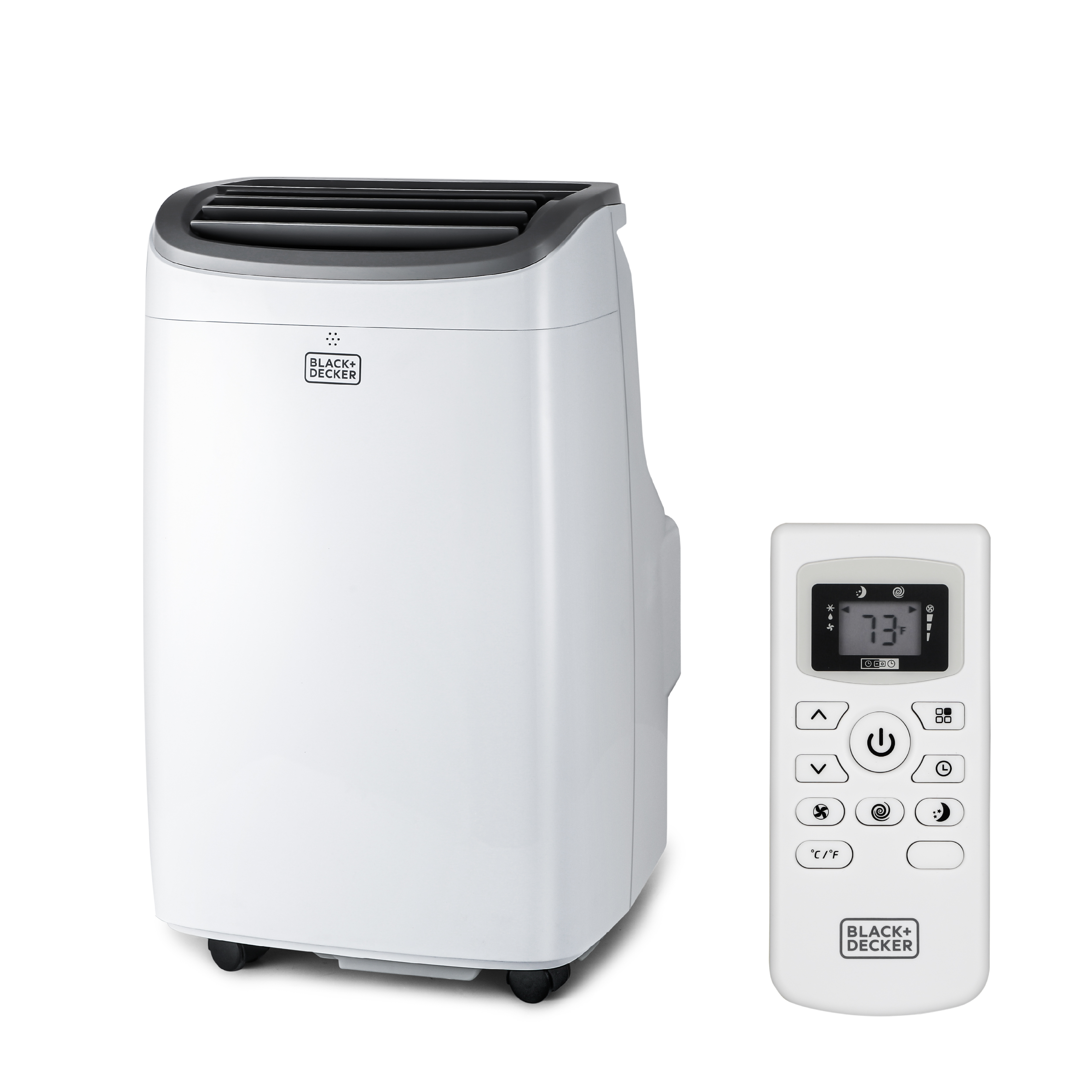 White BLACK+DECKER BPACT08WT portable air conditioner with a separate LCD remote on a plain white background; exact model identity comes from its support-page attachment context.