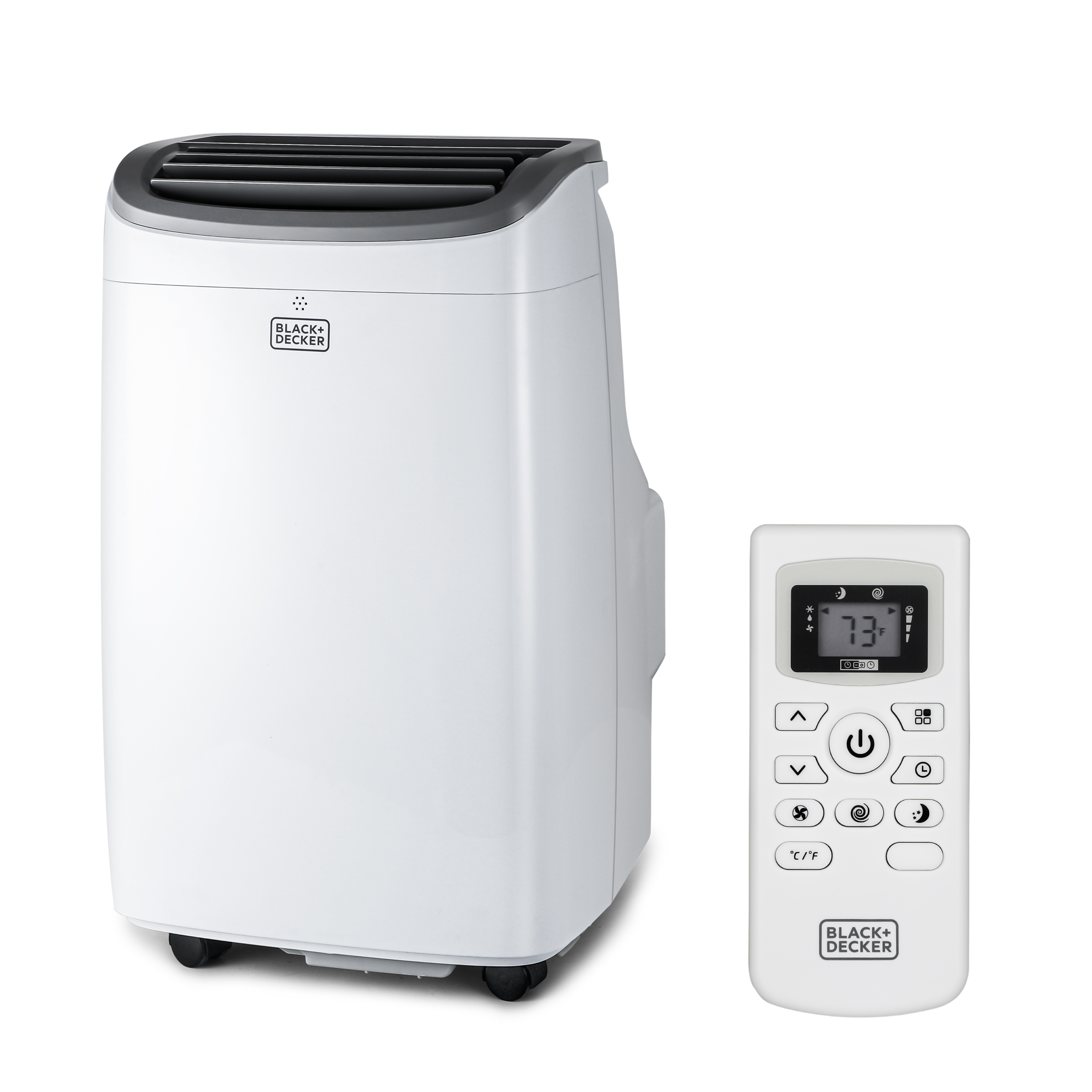 White BLACK+DECKER BPACT10WT portable air conditioner with a separate LCD remote on a plain white background; exact model identity comes from its support-page attachment context.