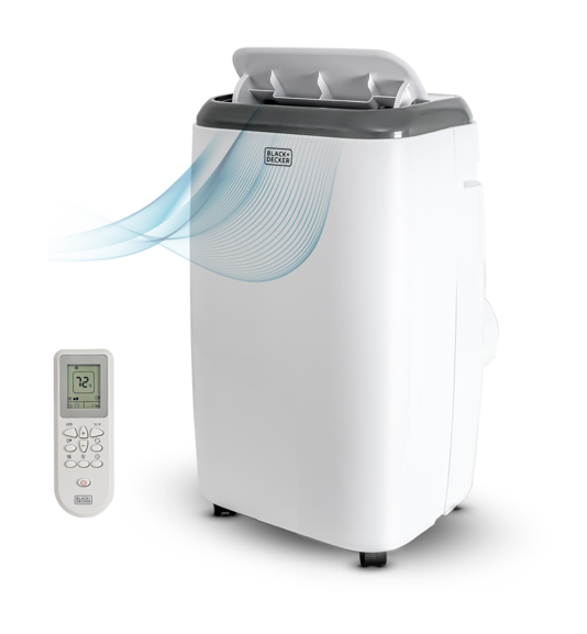White BLACK+DECKER BPP05WTB portable air conditioner with remote and a stylized airflow graphic on white; model identity comes from the exact support-page attachment.
