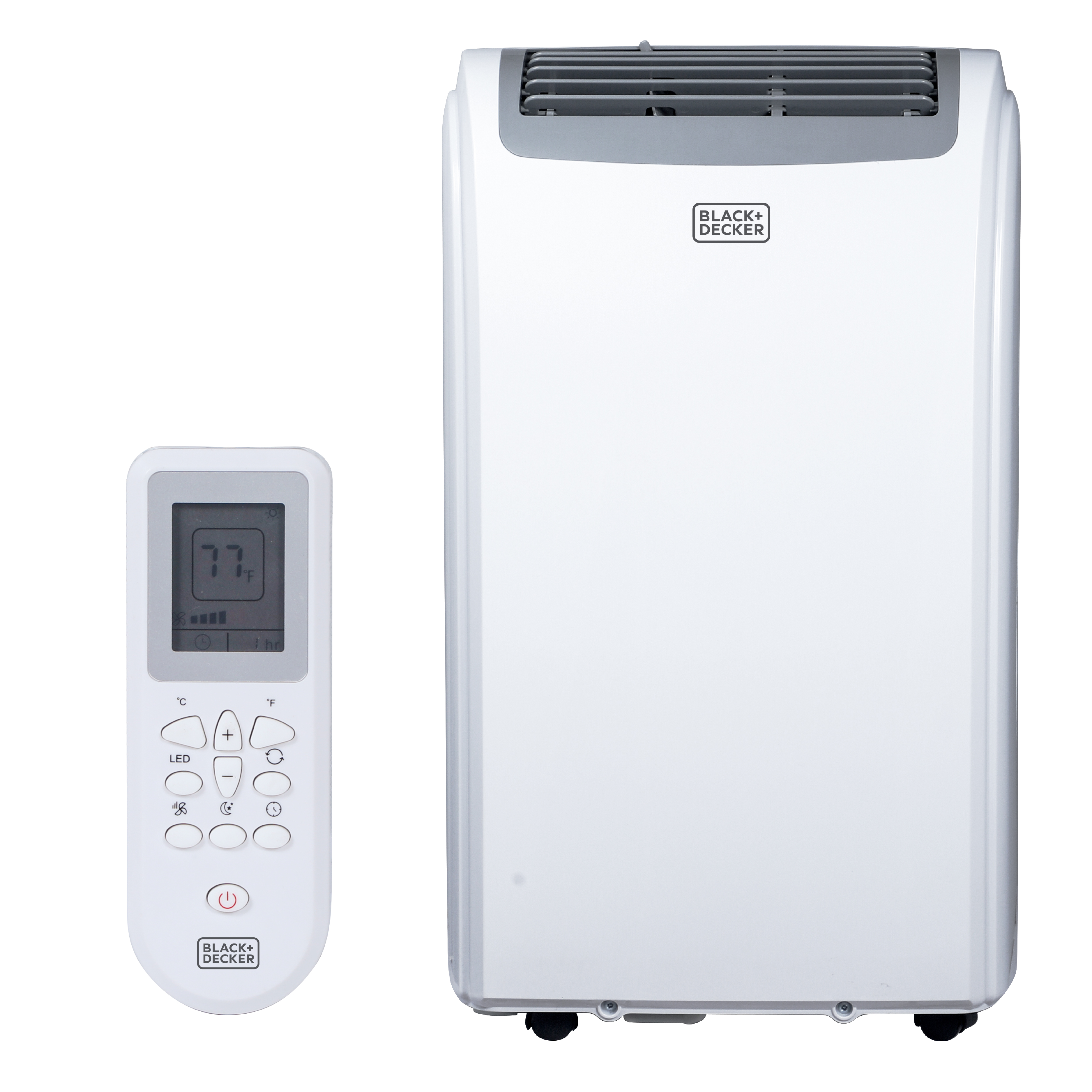 BLACK+DECKER BPP10WTB portable air conditioner and LCD remote on a white background