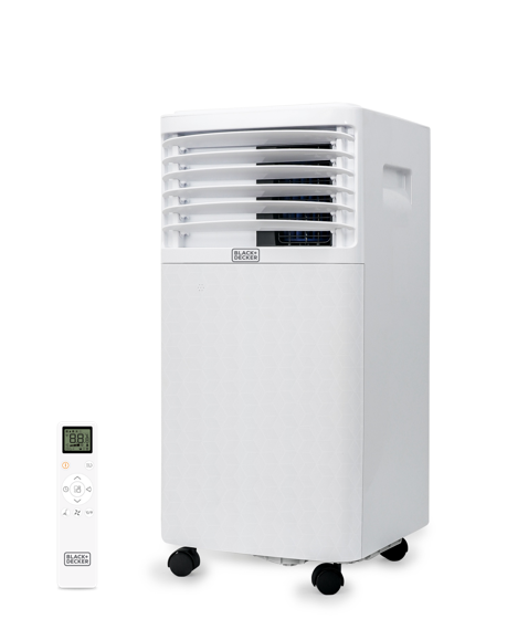 BLACK+DECKER BPT05WTB white portable air conditioner with remote on plain background; model code is from exact support-page attachment context, not legible in the image.