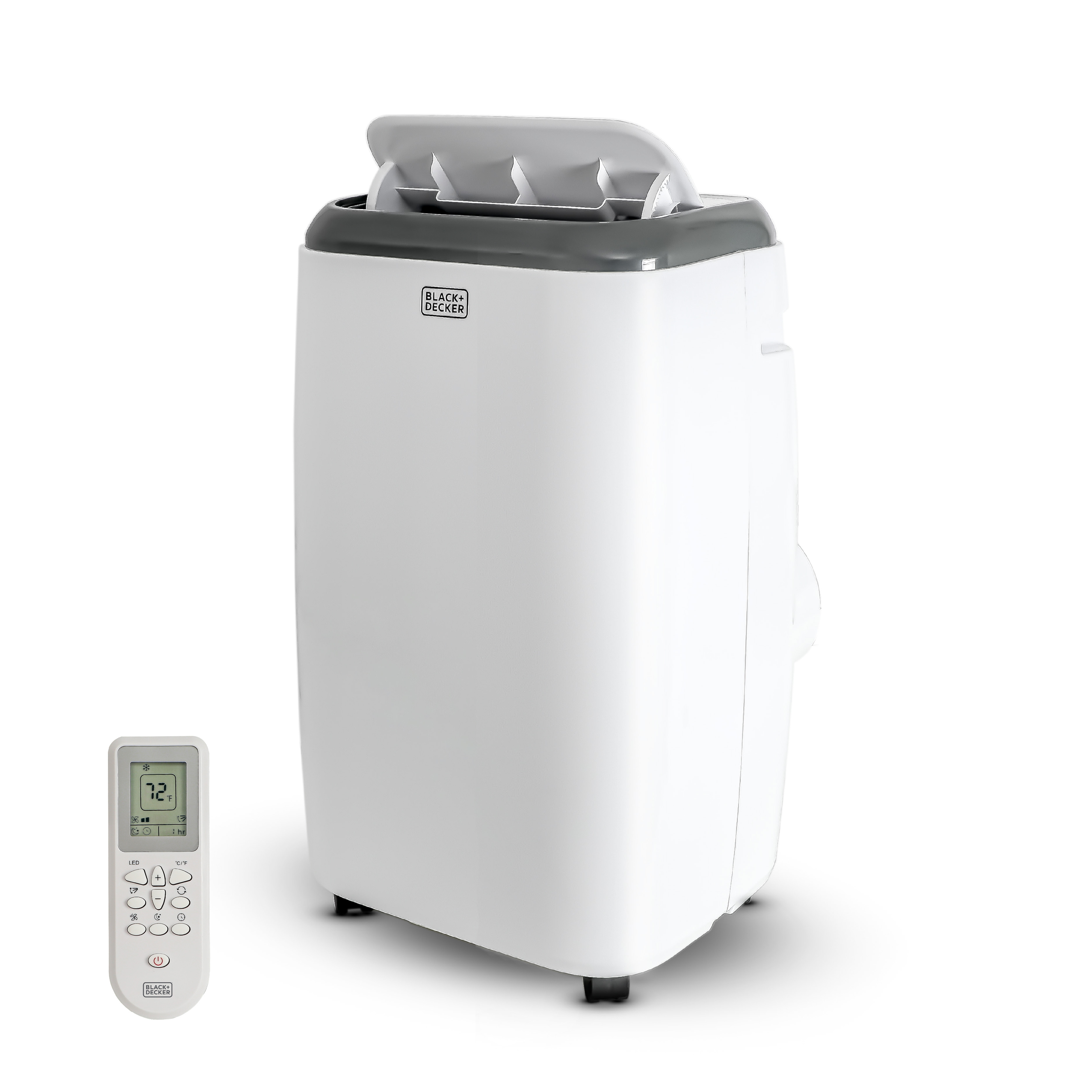 BLACK+DECKER BPT06WTB white portable air conditioner with remote on plain background; model code is from exact support-page attachment context, not legible in the image.