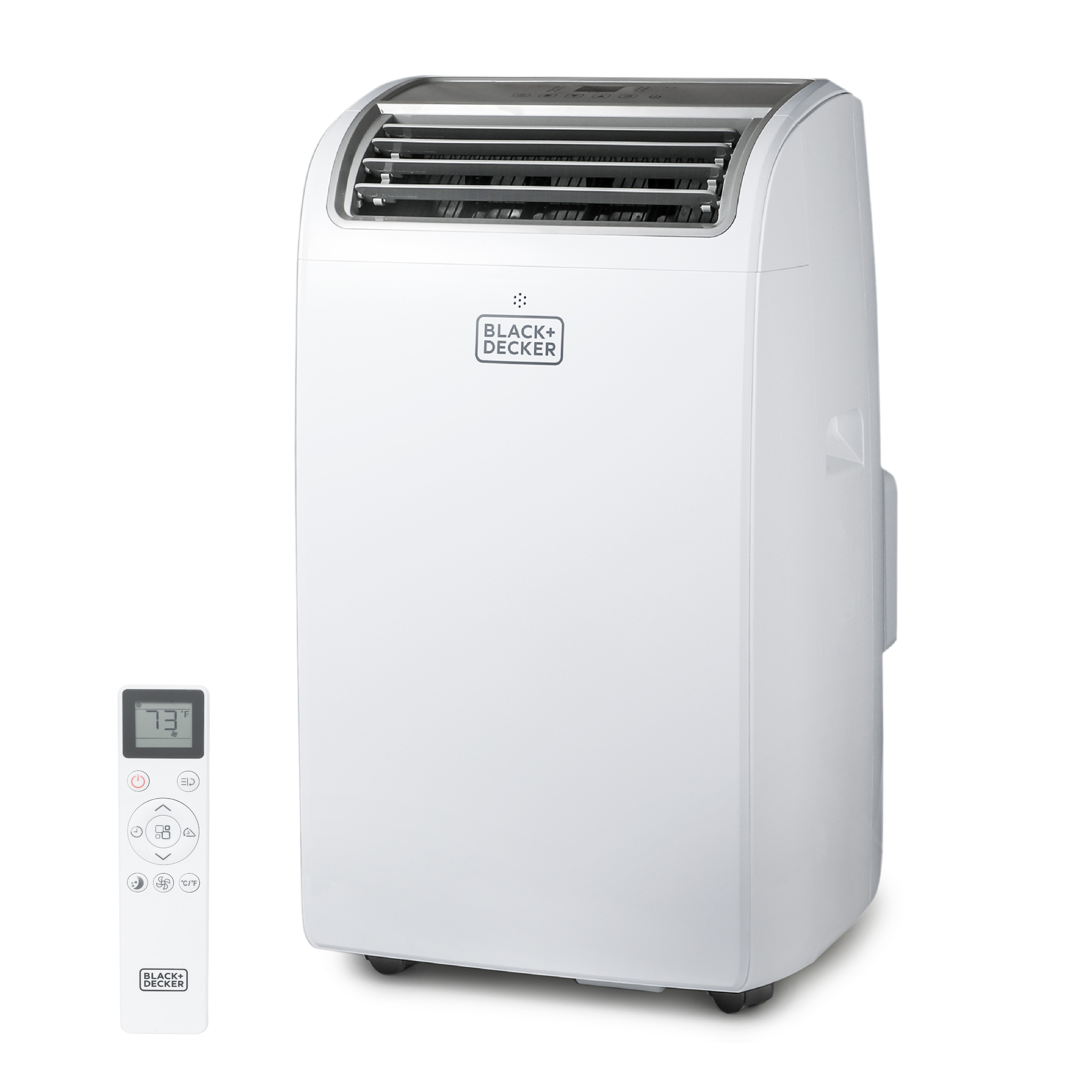 BLACK+DECKER BPT10HWTB white portable air conditioner with remote on plain background; model code is from exact support-page attachment context, not legible in the image.