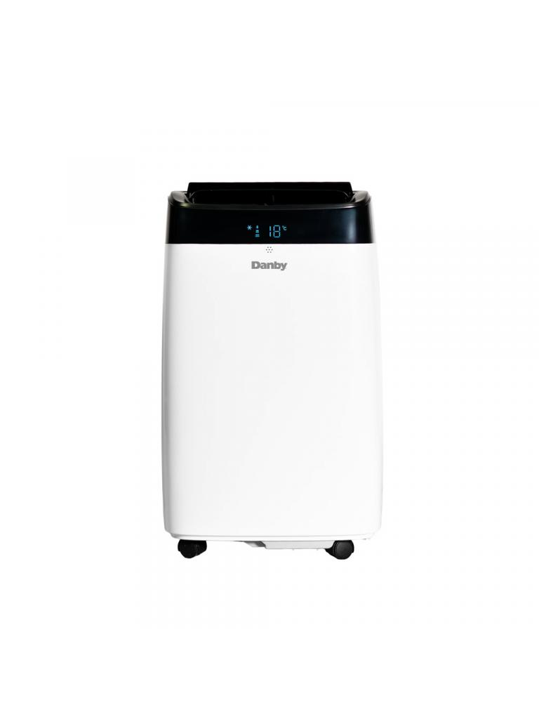 Danby DPA063E1WDB shown front-on as a white cabinet with a black top display/louver and casters against a plain white background; photo-versus-render status is uncertain.