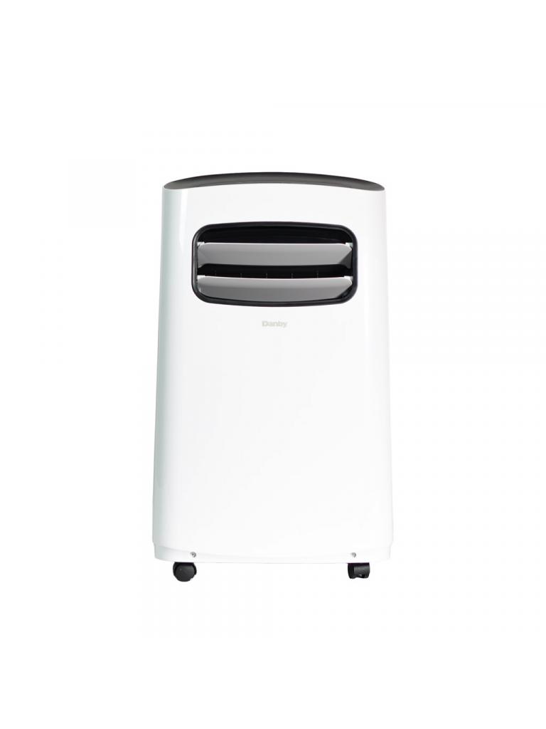 White Danby DPA065B6WDB-6 portable air conditioner shown front-on with dark top, discharge louver and casters against a plain white background; image is an exact-page-linked manufacturer packshot and photo-versus-render status is uncertain.