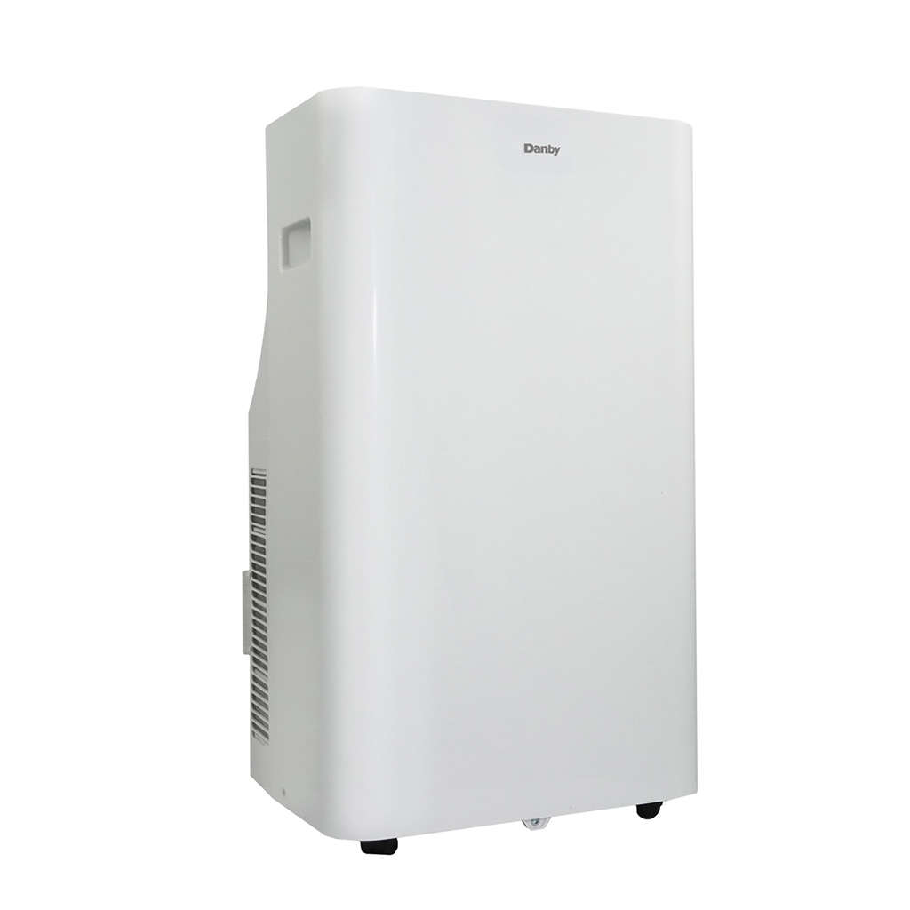 Danby DPA072B8WDB-6 shown from the right as a white portable air-conditioner cabinet with side intake and casters against a plain background; exact-page-linked manufacturer image, photograph-versus-render status uncertain.