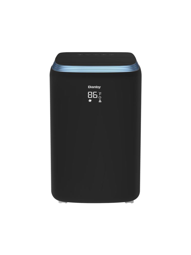 DPA080E3BDB-6 appears as a black Danby portable air conditioner in a straight-on manufacturer packshot against a plain white background; photography versus render is uncertain.