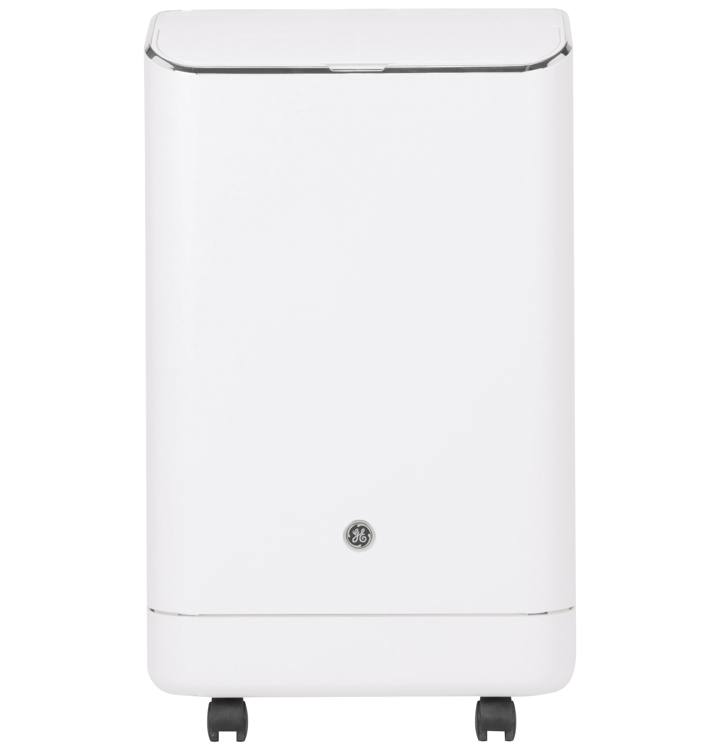 White GE APCA12YZMW portable air-conditioner cabinet and GE badge, front view on white; exact model association comes from page context, not readable on cabinet.