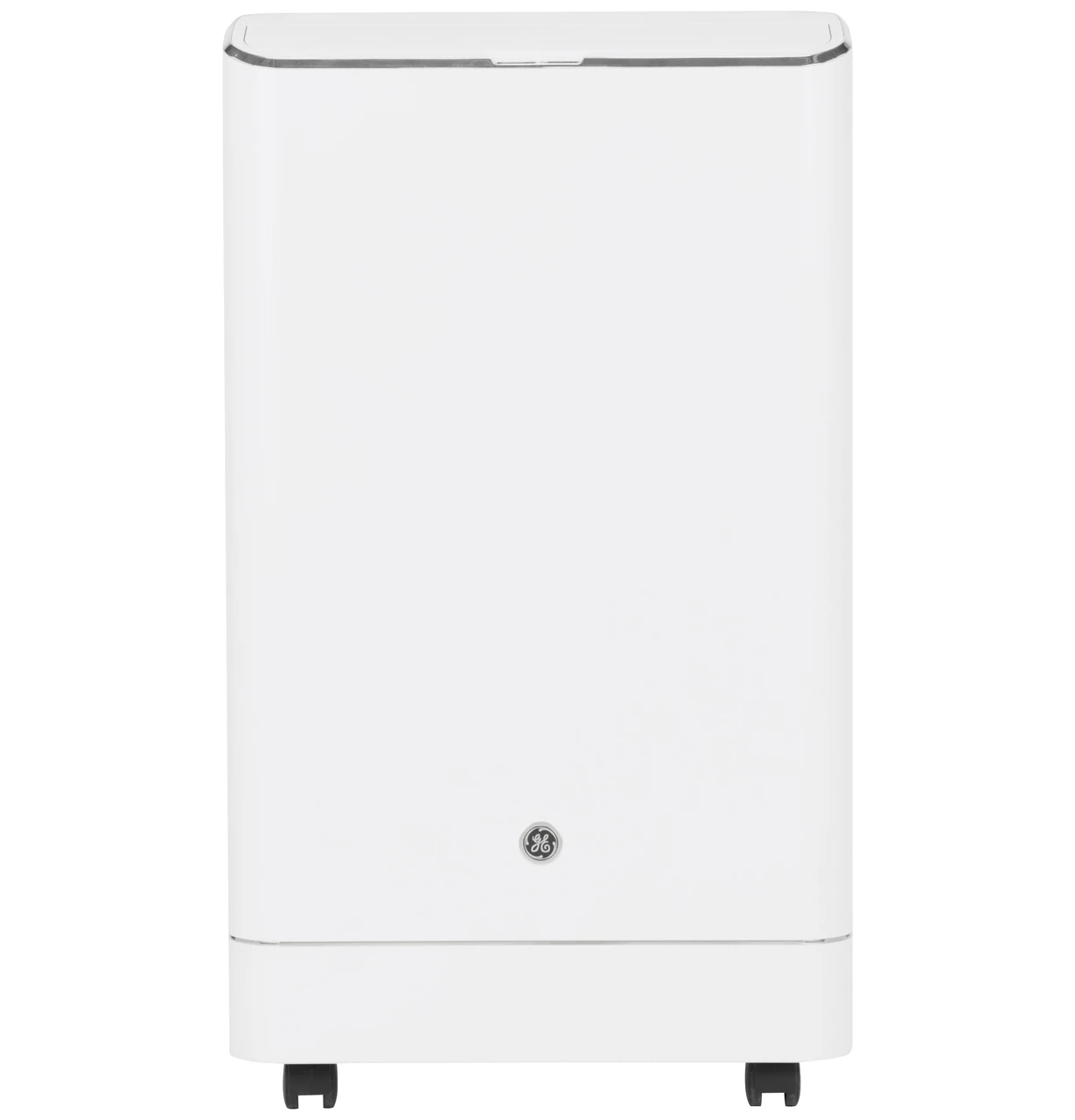 White GE portable air conditioner cabinet on casters, shown front-on against a white background; model suffix and accessories are not visible.