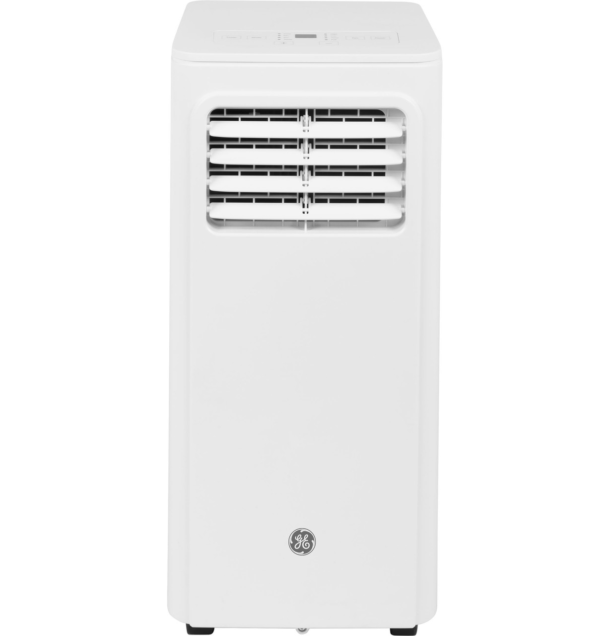 White GE portable air conditioner front view associated with exact APMS05BWF product page; code is not visible and photo/render status is uncertain.