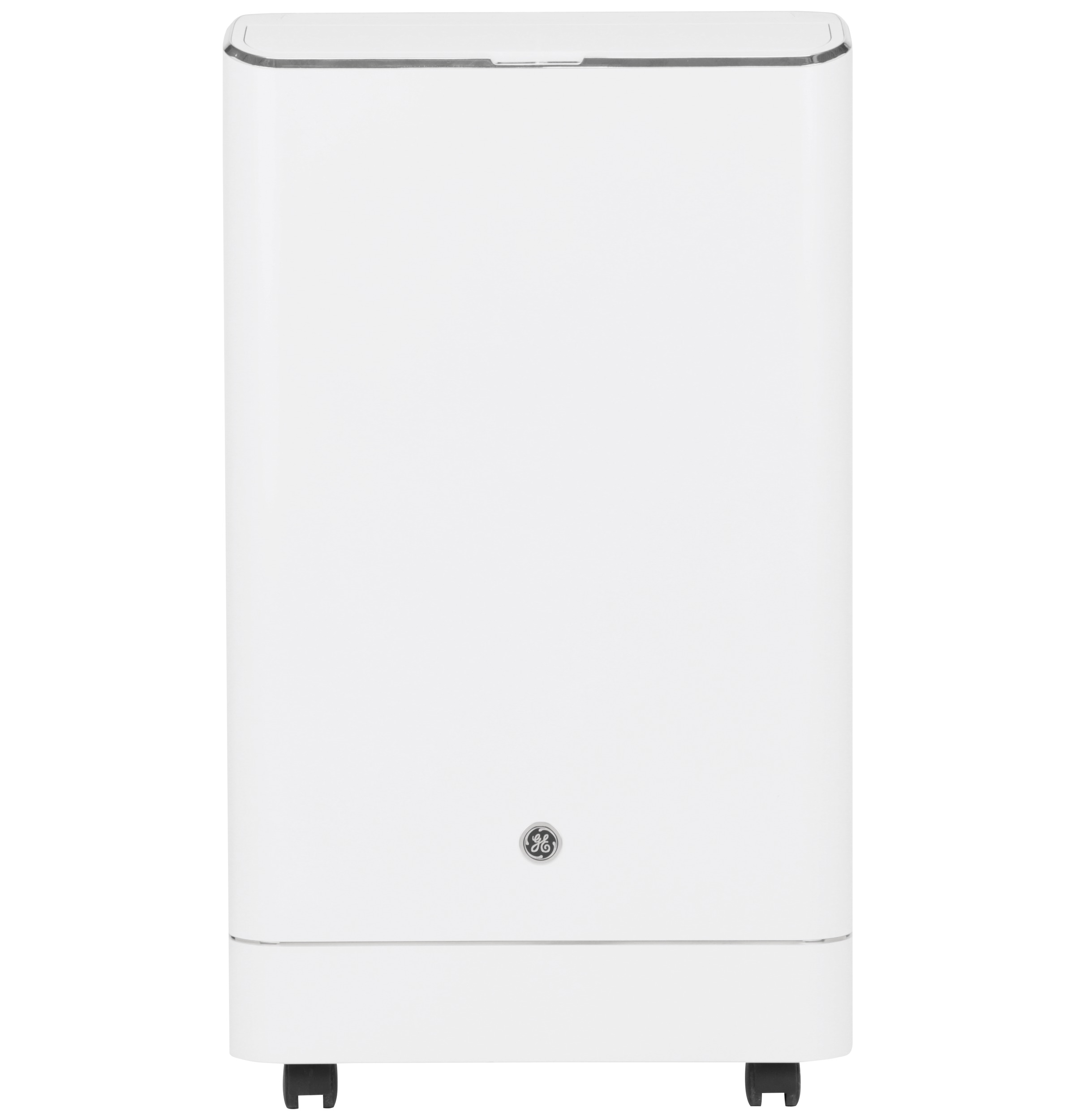White GE portable air conditioner cabinet on casters, viewed from the front; no model suffix, hose, window kit or installation is visible.