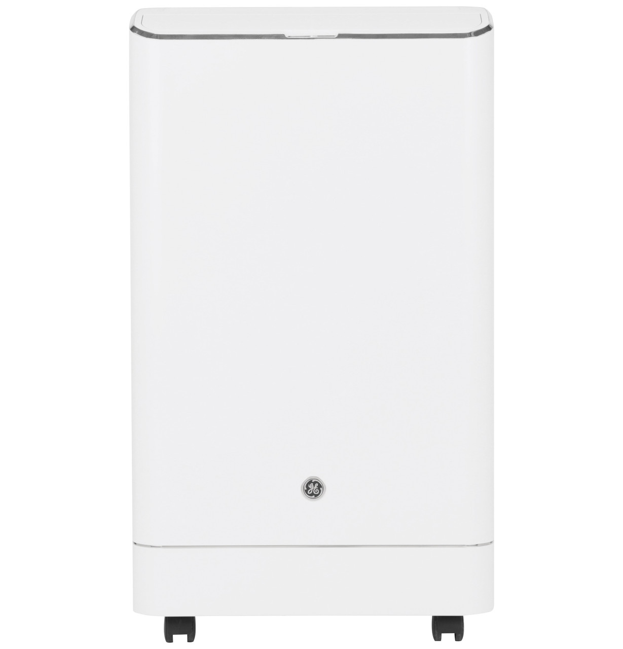 White GE portable air conditioner cabinet on casters, viewed front-on against a light background; no model suffix, hose or window kit is visible.