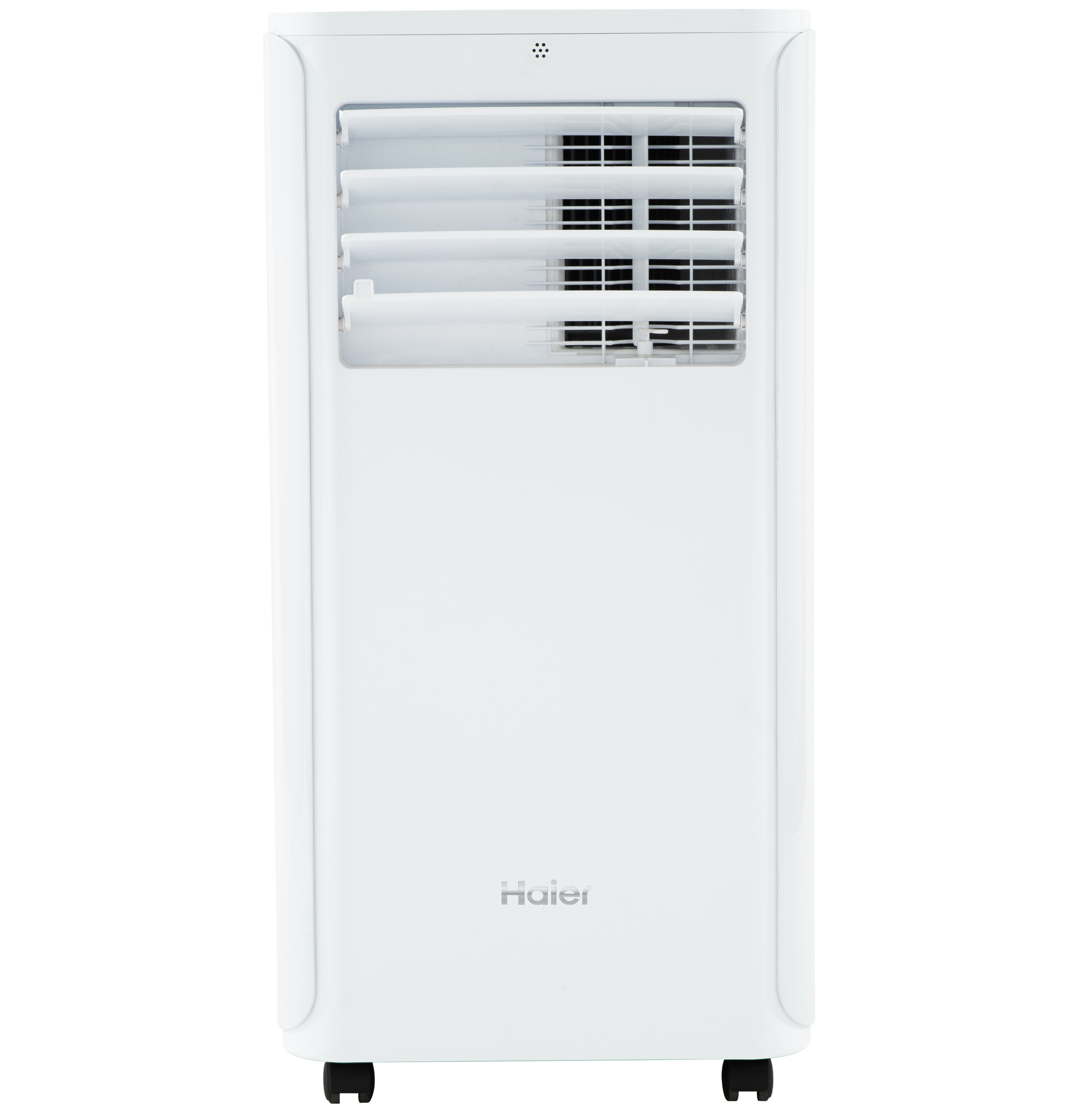 Haier QPCA08JAMW manufacturer page-associated product image; Full front view of a white Haier portable AC with front louvers and casters on a white background. No readable exact SKU, hose or installed kit; official exact product page supplies the model association. Render/photo status uncertain.