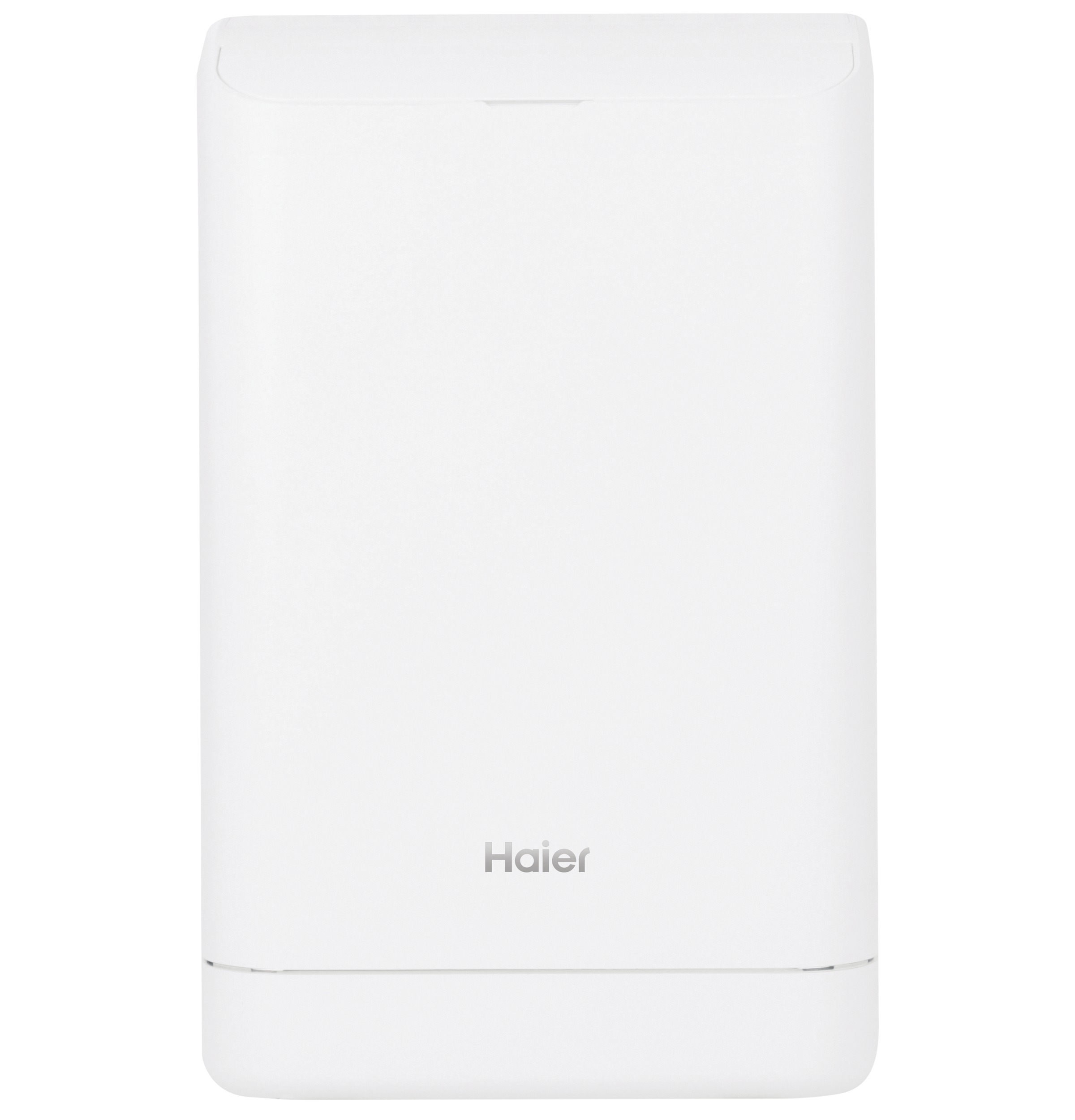 Haier QPCA10YZMW manufacturer page-associated product image; Cropped white front cabinet and Haier logo on pale background; no readable SKU or installed hose/window kit. Exact listing association recorded; photo/render status uncertain.