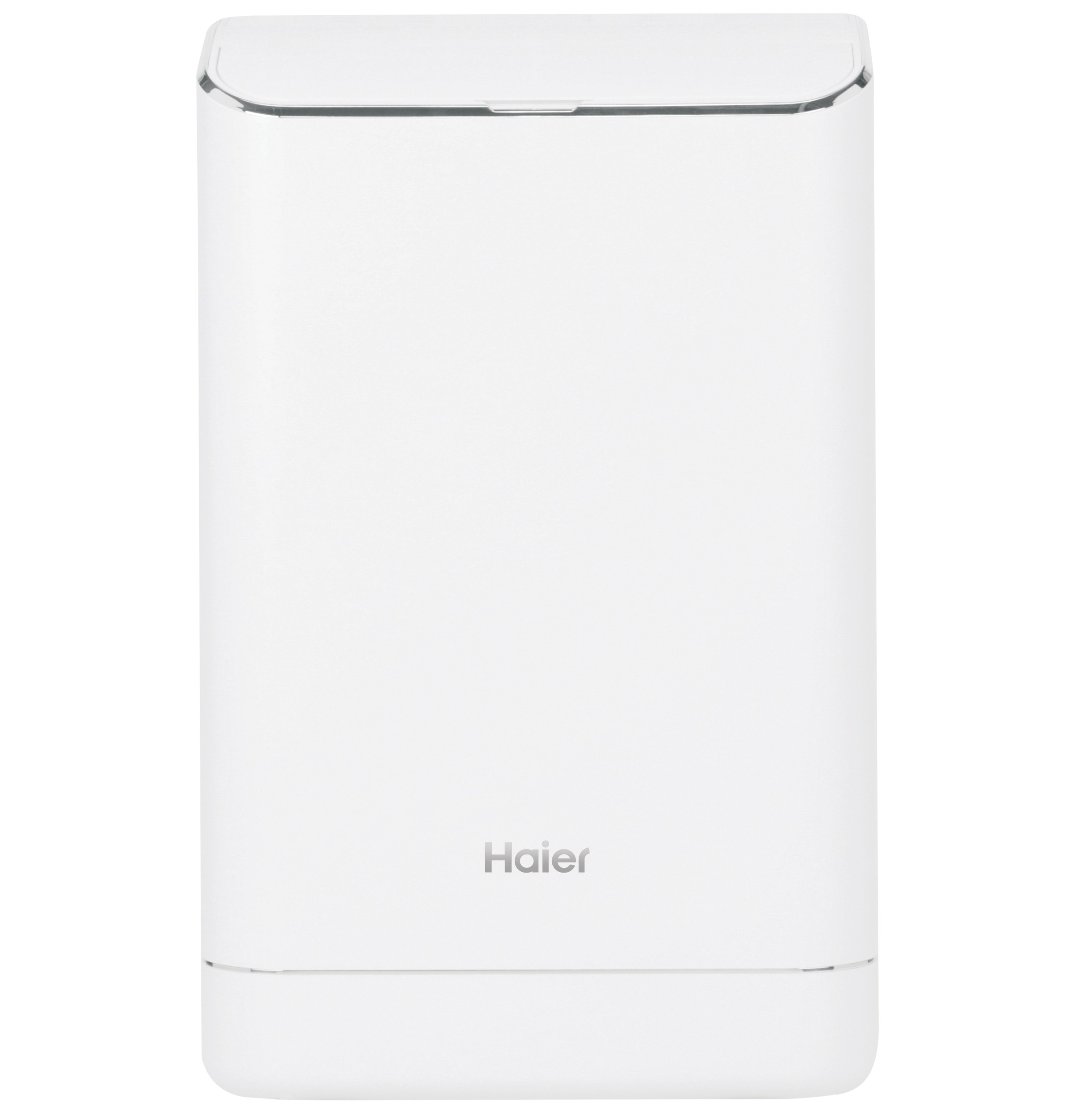 Haier QPCA12YZMW manufacturer page-associated product image; Cropped white front cabinet with reflective upper trim and Haier logo, no readable model code or installed kit. Exact page association recorded; photo/render status uncertain.