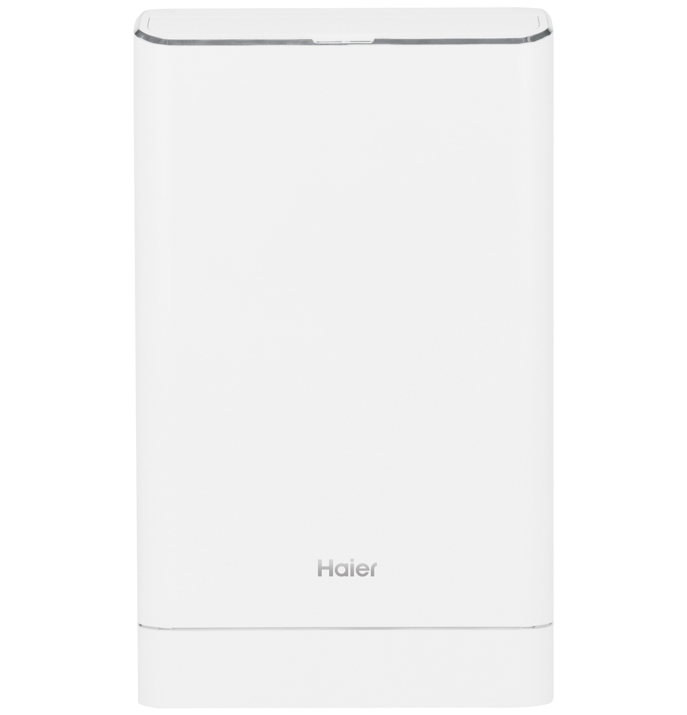 Haier white portable air-conditioner cabinet and logo; exact page context associates QPWA14YZMW but pixels do not identify the suffix or include the installation kit.