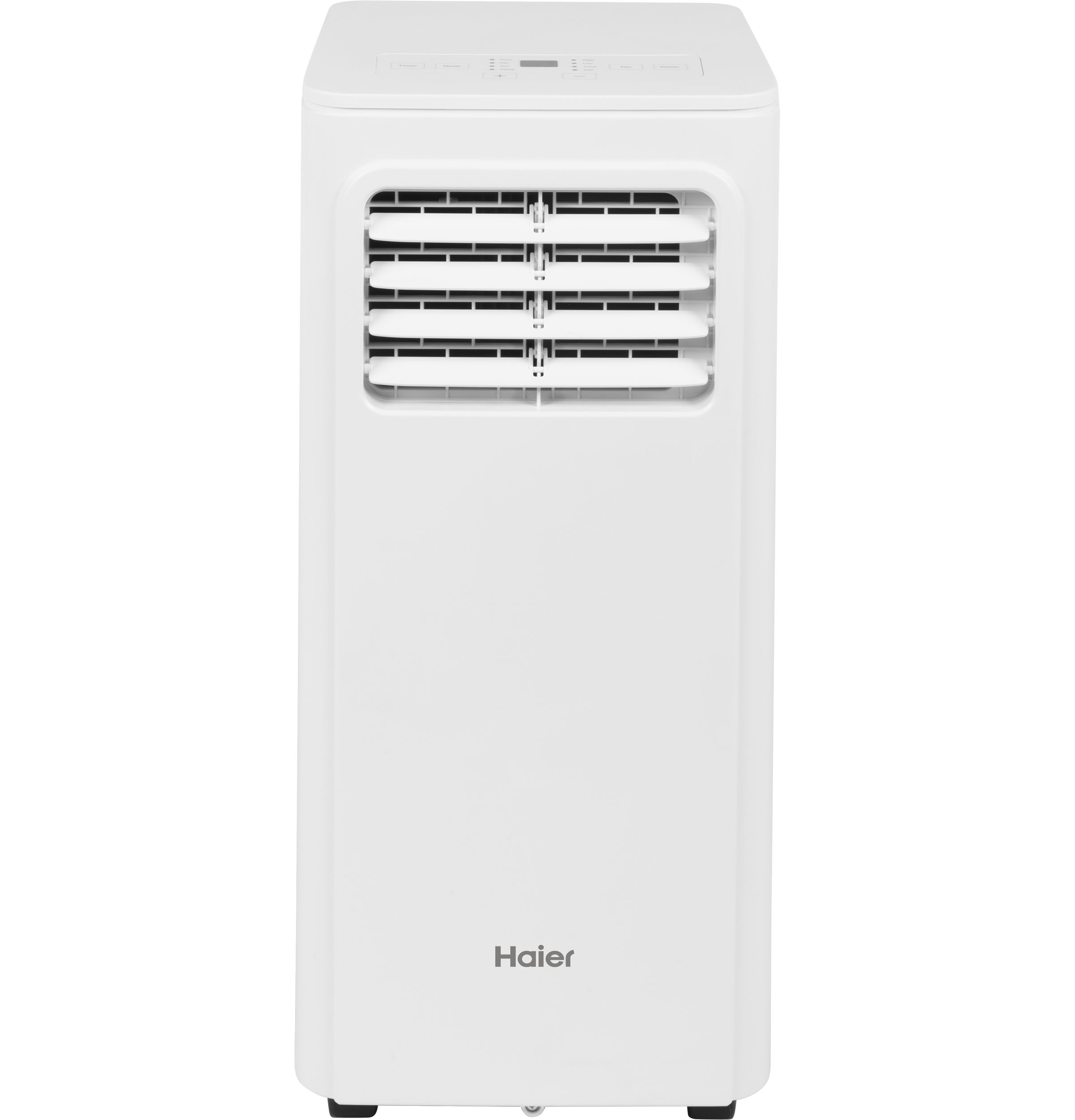 Haier QPFA10YBMW exact-page-associated white portable air conditioner front view; visible front louvers and upper controls, but model code is not legible and photo/render status is uncertain.
