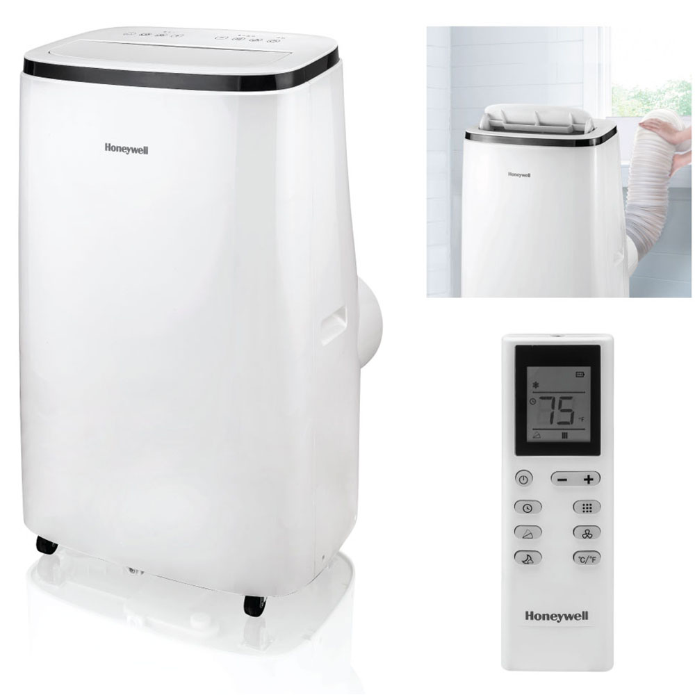 Honeywell HJ family white portable-air-conditioner cabinet and remote, shown on the exact HJ5HESWK0 product listing; cabinet code is not legible, photo-versus-render status unknown.