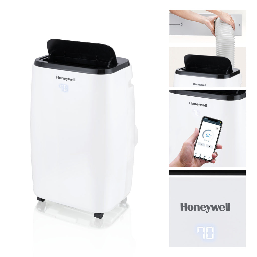 Honeywell HT4CESVWK0 white portable AC in a composite product image with a side view of the exhaust connection and phone-control inset; photo-versus-render status uncertain.