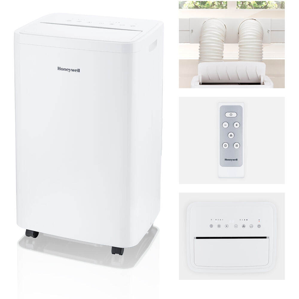 Honeywell HW4CEDAWW0 white portable AC with two-hose window inset and remote; exact licensed product page associates the image; code is not legible and photo-versus-render uncertain.