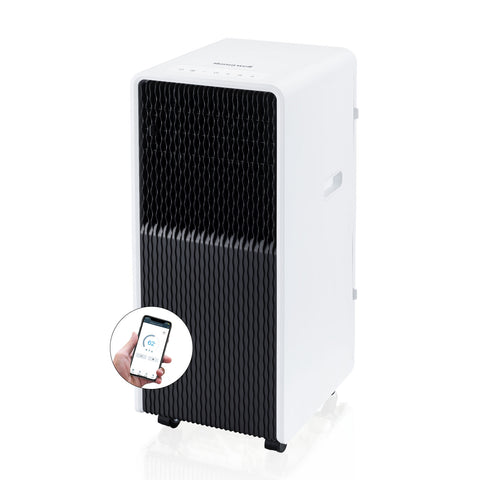 Honeywell HX4CESVWG0 slim portable air conditioner with a phone-control inset in the exact smart product listing; photo-versus-render status uncertain.