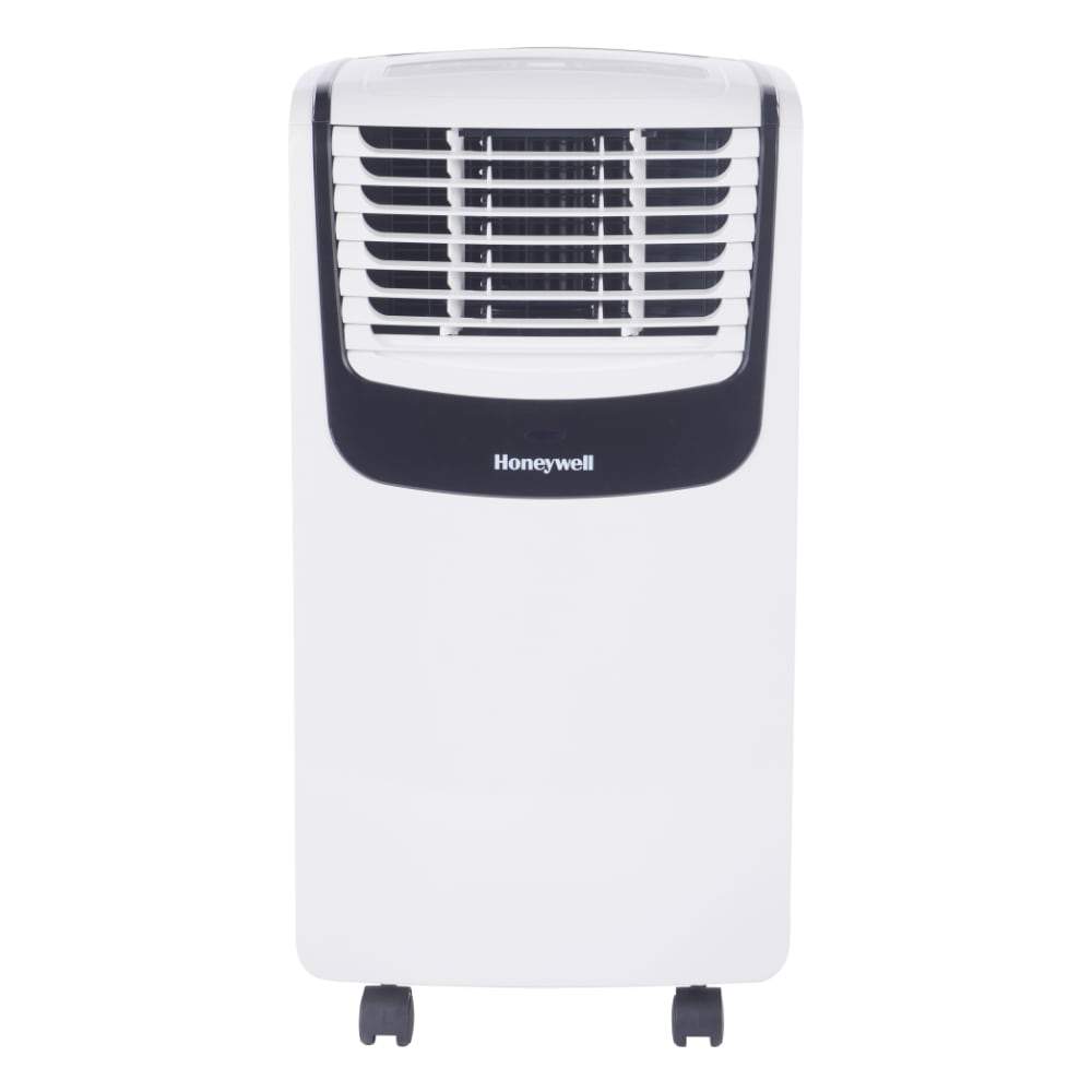 Honeywell MO08CESWK6 portable air conditioner, front-facing white/black cabinet and casters against a white background; image association is via the exact product-page alt text, model code not visible, photograph-versus-render status uncertain.