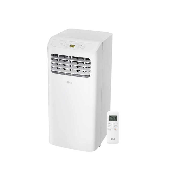 LG LP0624WFR white portable air conditioner and remote on a plain background