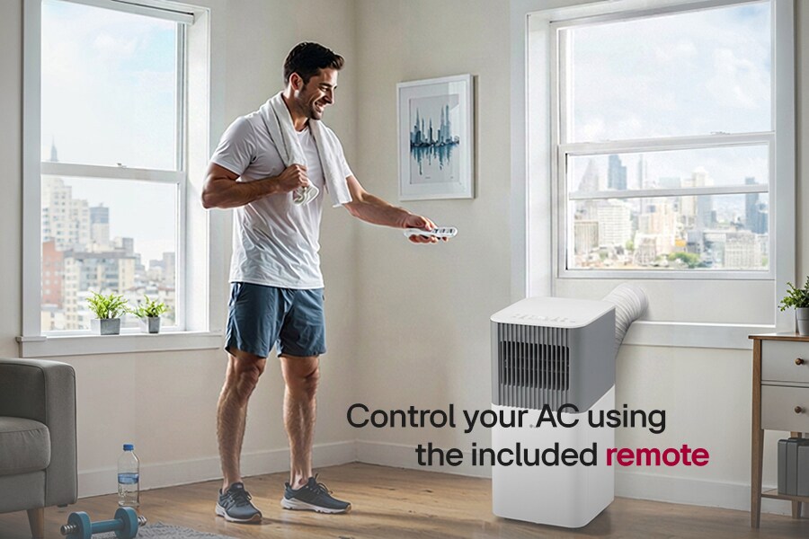 LG LP0626PGF portable air conditioner and remote shown in an illustrative staged room scene.