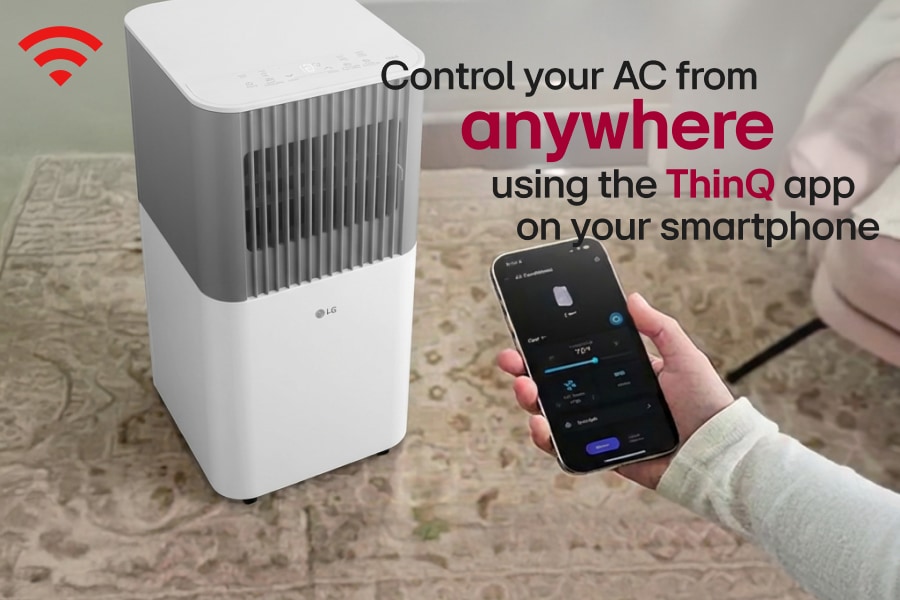 LG LP0626PGSF portable air conditioner shown with a smartphone ThinQ graphic in an illustrative room scene.