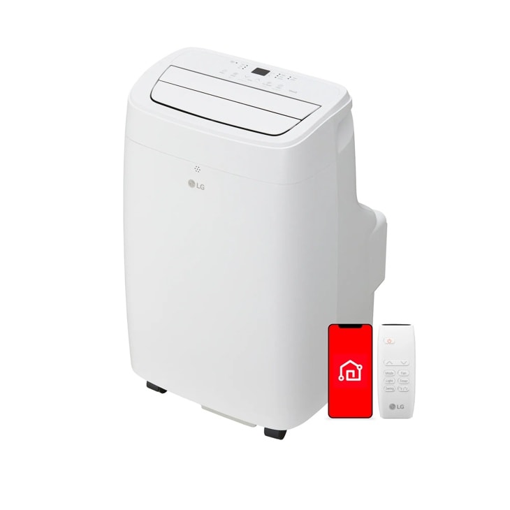 LG LP0725WSSM white portable AC catalog render with remote and phone inset