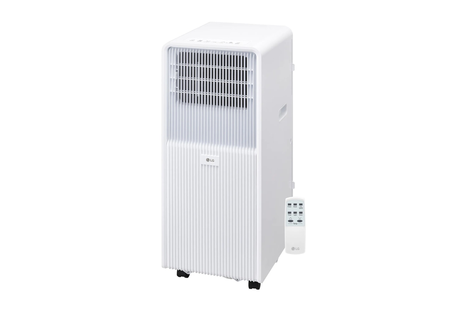 LG LP0825WFR portable air conditioner, white unit and remote on a plain background