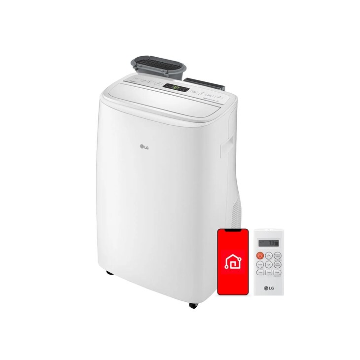 White LG LP1022FVSM portable air conditioner with remote and ThinQ phone graphic on a plain background