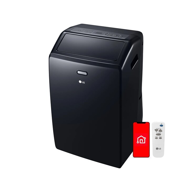 Black LG LP1023BSSM portable air conditioner with remote and red ThinQ phone graphic on a plain background