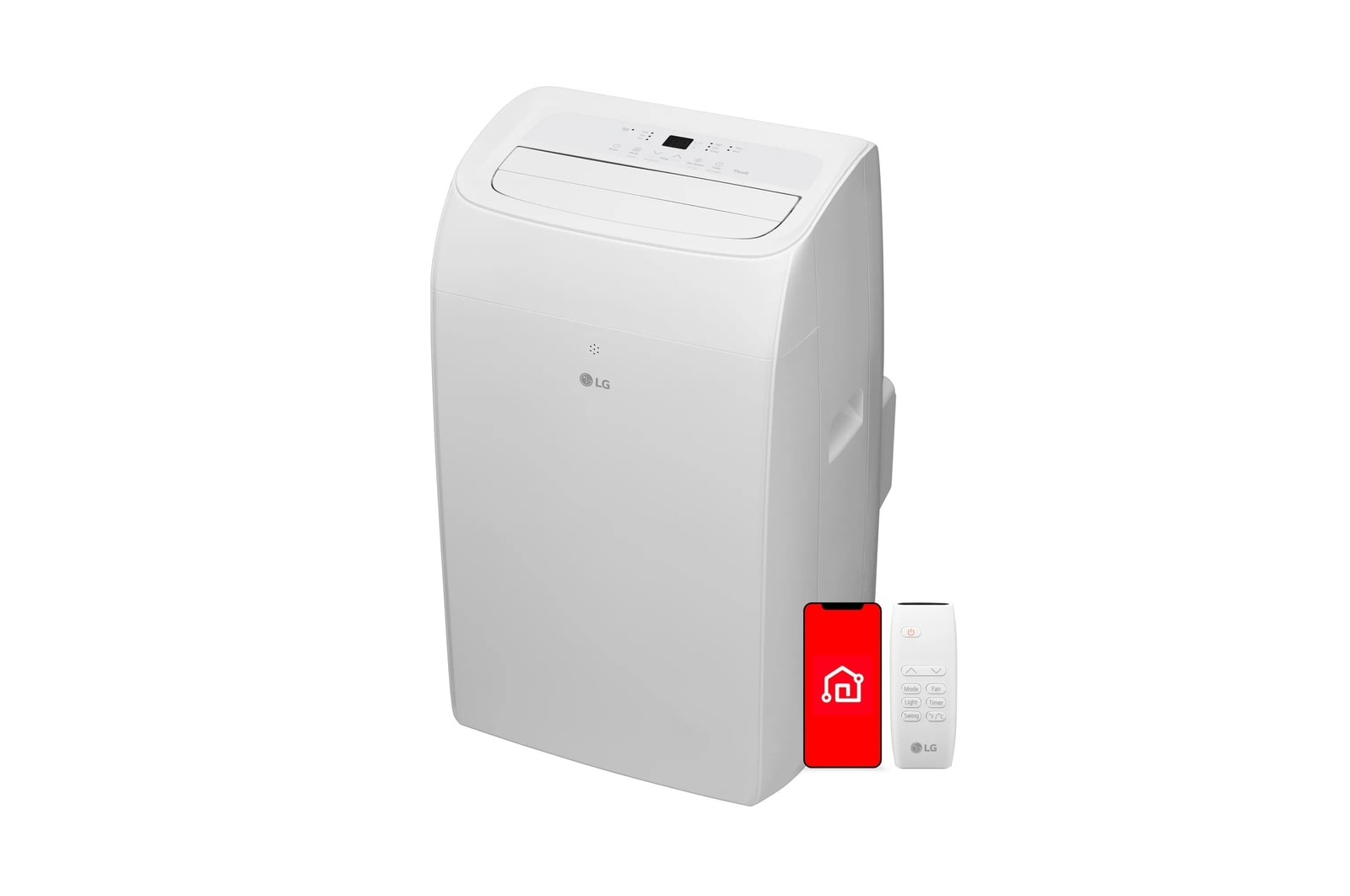 LG LP1025WSSM portable air conditioner with ThinQ phone graphic and remote shown in a staged catalog render on white; this is not an installed-room image.