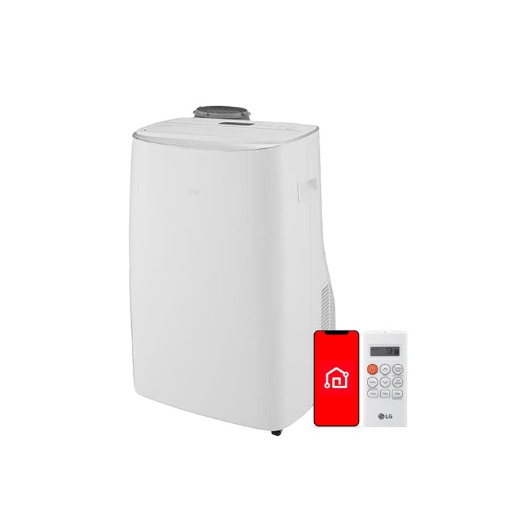 White LG LP1419IVSM portable air conditioner with remote and ThinQ phone graphic on a plain background