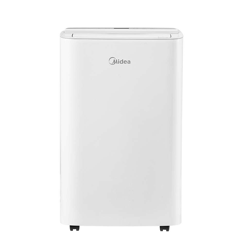 White Midea SmartCool portable air conditioner, front view; image is linked from the exact MAP08S1XWT-S product page. Photograph-versus-render status is uncertain.