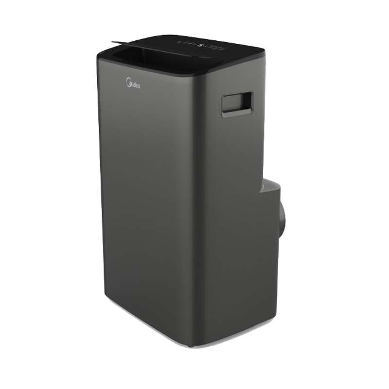 Dark-gray Midea MAP10HS1XWGR portable air conditioner, oblique cabinet cutout on white.