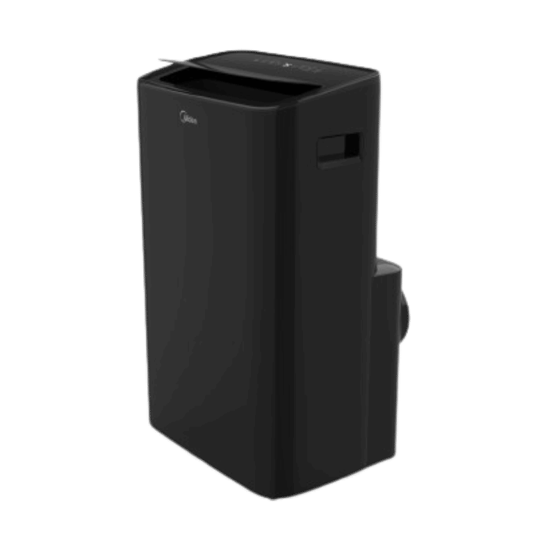 Black Midea MAP10S1XWBL portable air conditioner, oblique cabinet cutout on a transparent background.