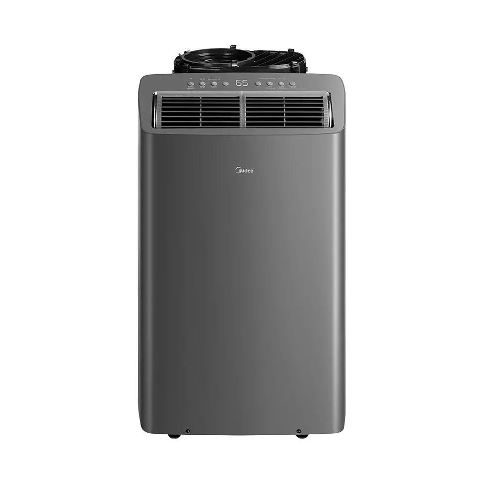 Gray Midea Duo portable air conditioner, front view with hose intake visible