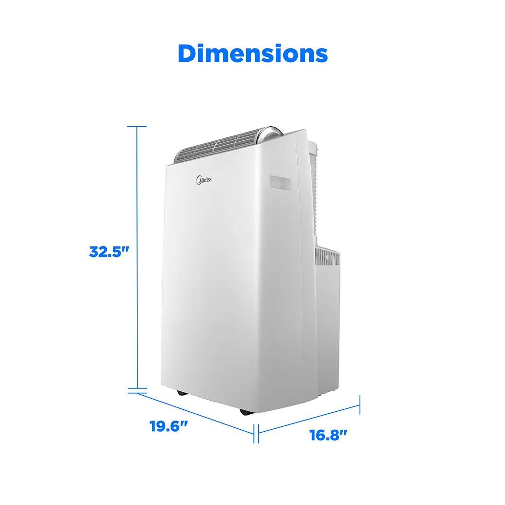 White Midea Duo portable air conditioner shown in a manufacturer dimension illustration with height, width and depth labels.
