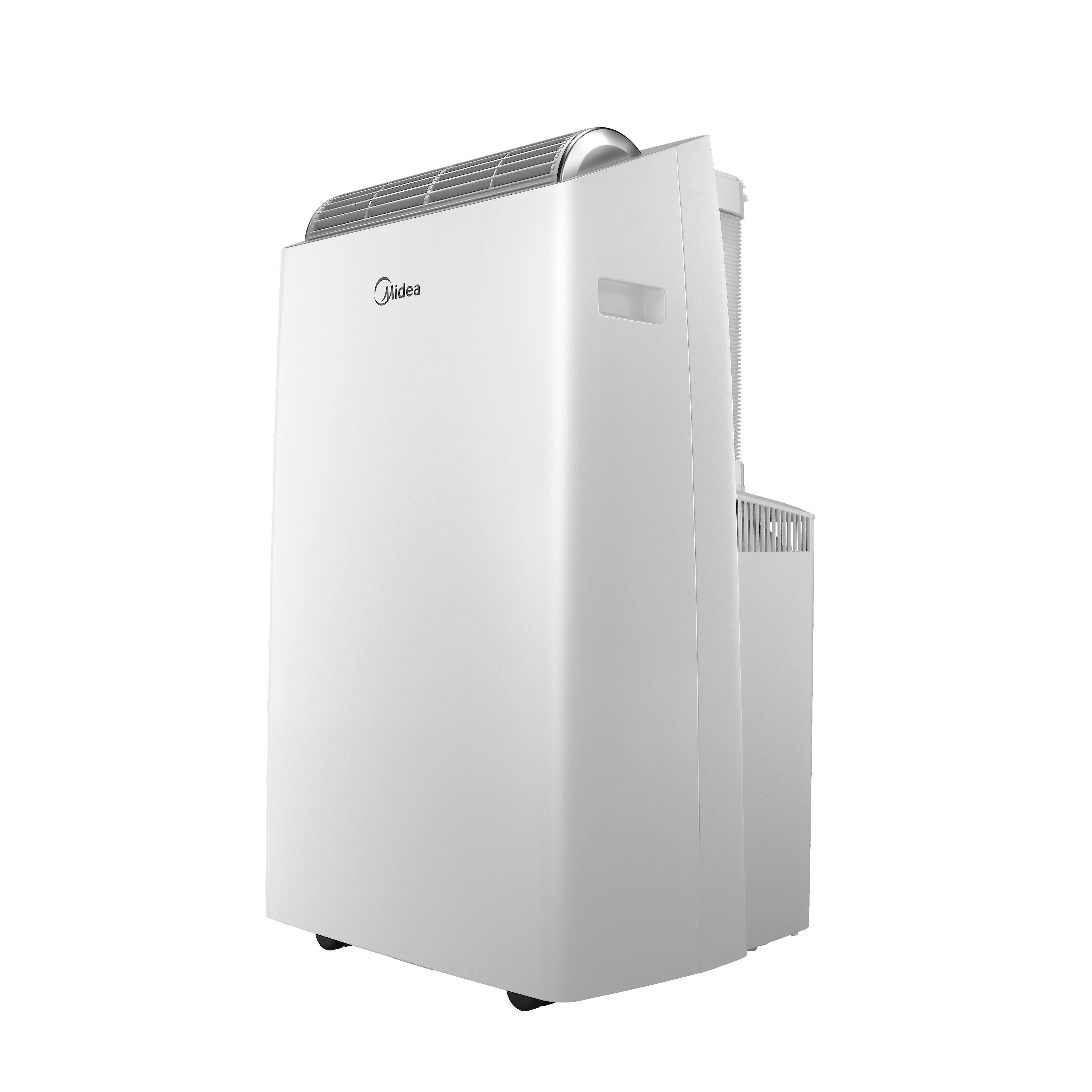 White Midea Duo portable air conditioner, oblique rear/side cabinet view with top outlet and casters.