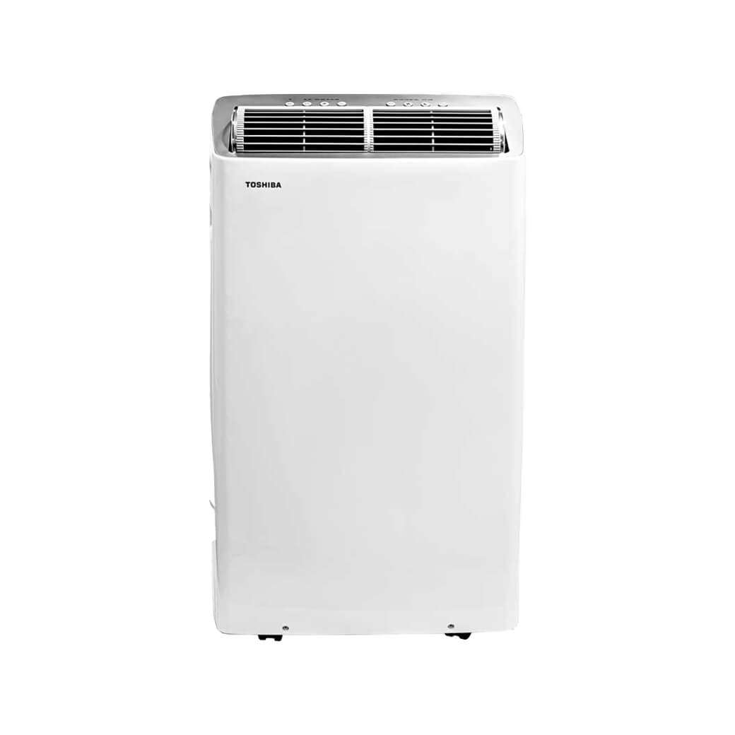 Front view of white Toshiba portable AC with top outlet, associated with exact model RAC-PT1412HVWRU
