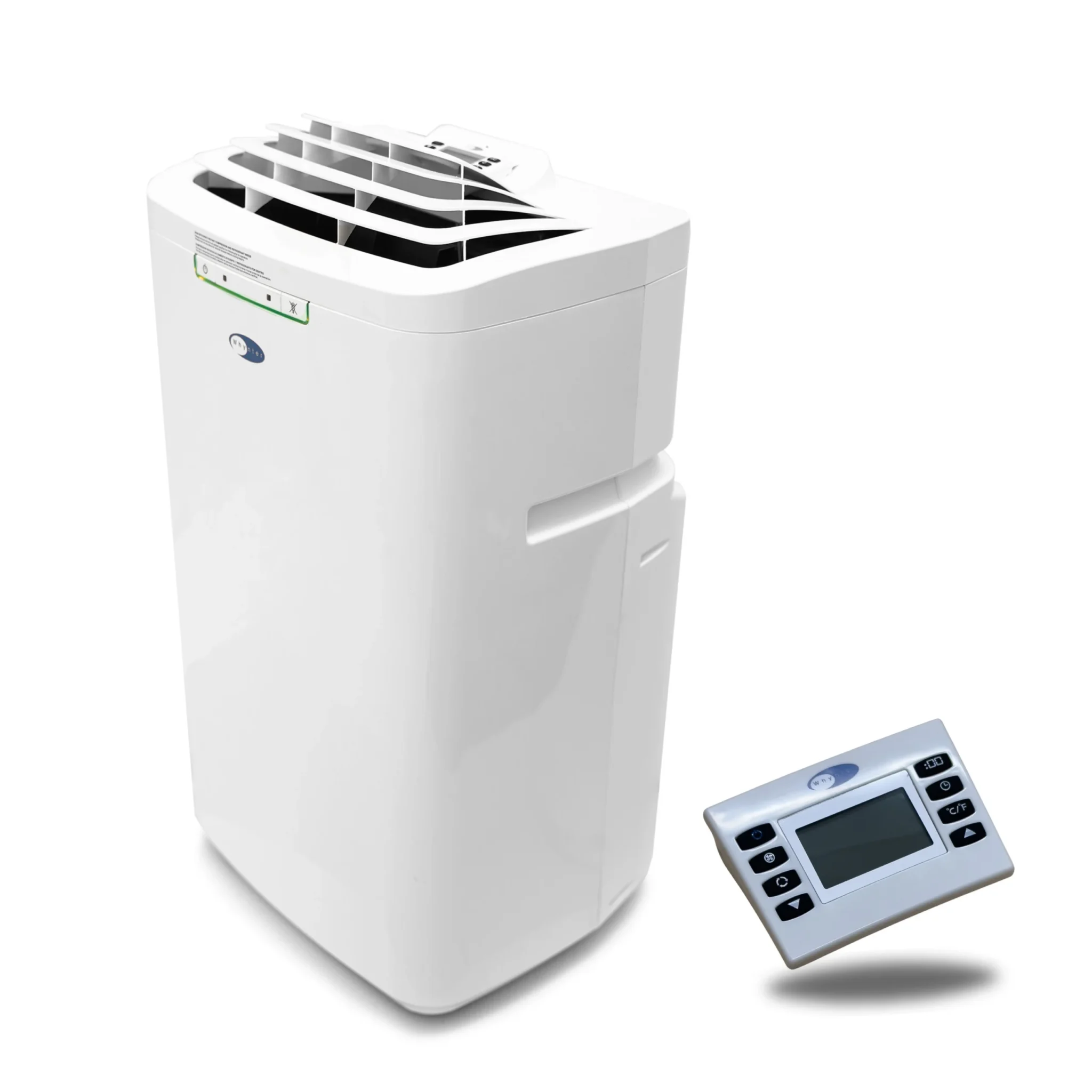 White Whynter ARC-110WD cabinet with remote control on white background