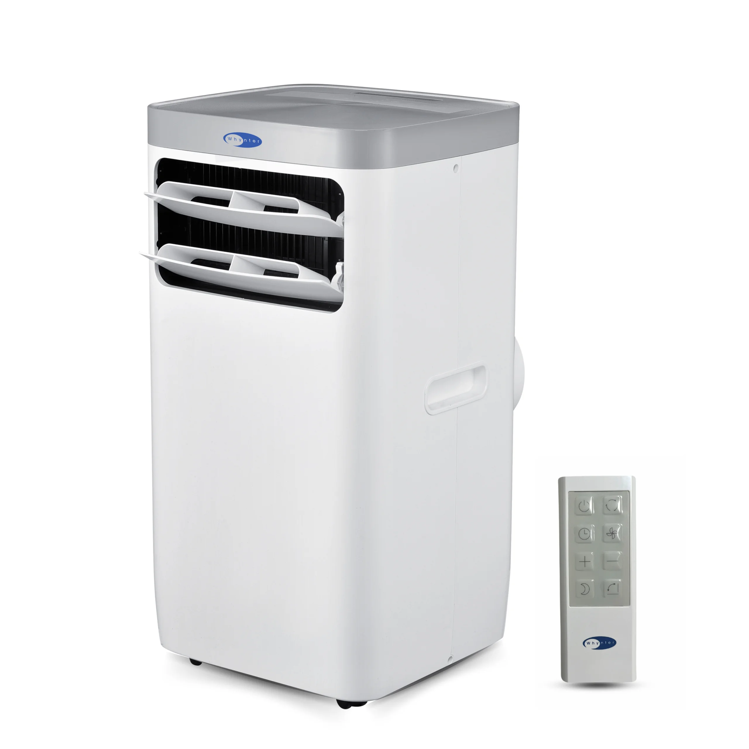 White and gray Whynter ARC-115WG portable air conditioner with remote against a white background