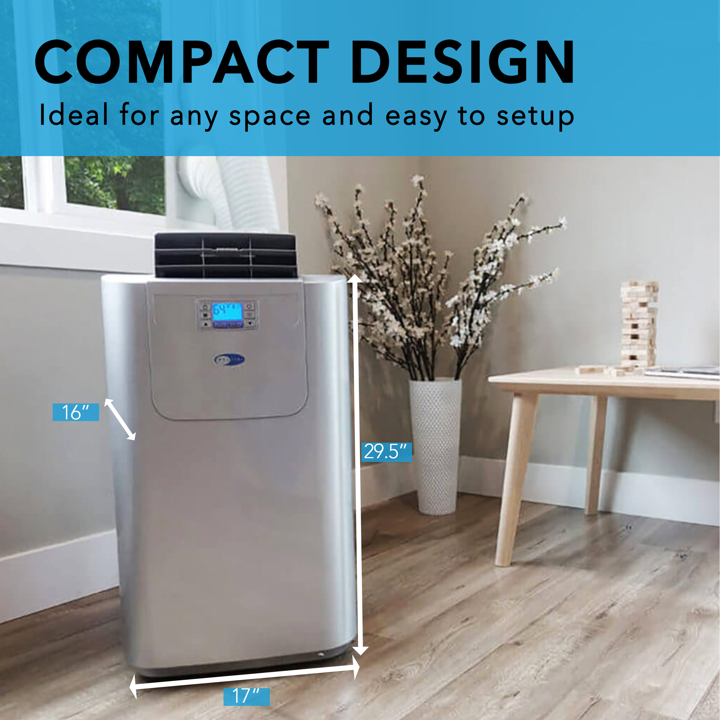 Whynter ARC-122DHP portable air conditioner in a room, with manufacturer dimension overlays