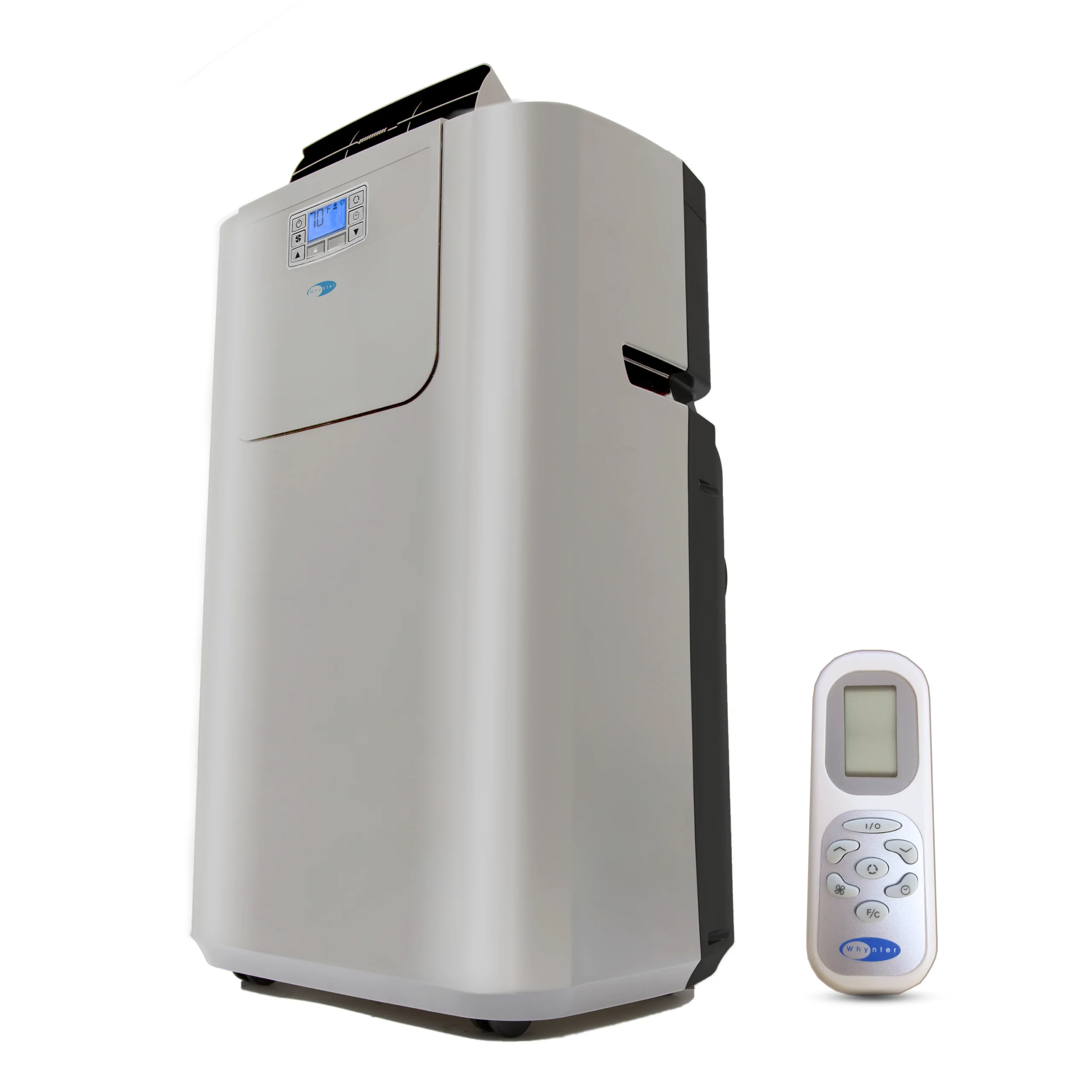 Silver Whynter ARC-122DS portable air conditioner with remote control, front three-quarter catalog view